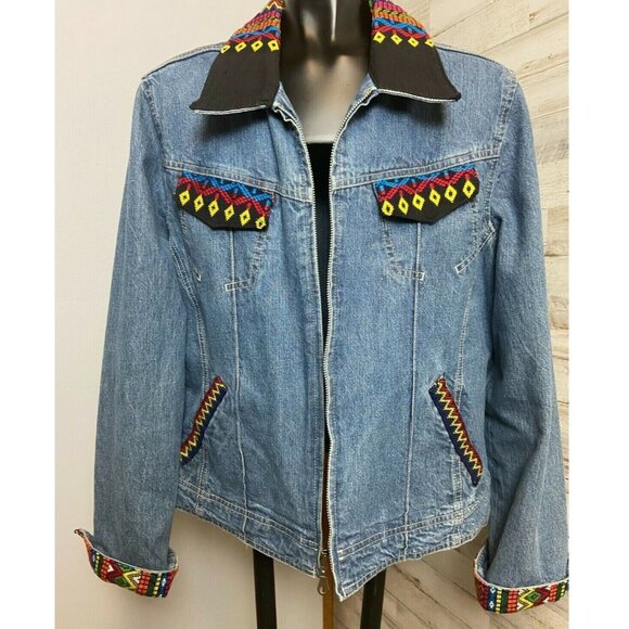 French Cuff Womens Denim Jacket With Colorful Embroidery Design Sz M/L ? - Picture 1 of 7